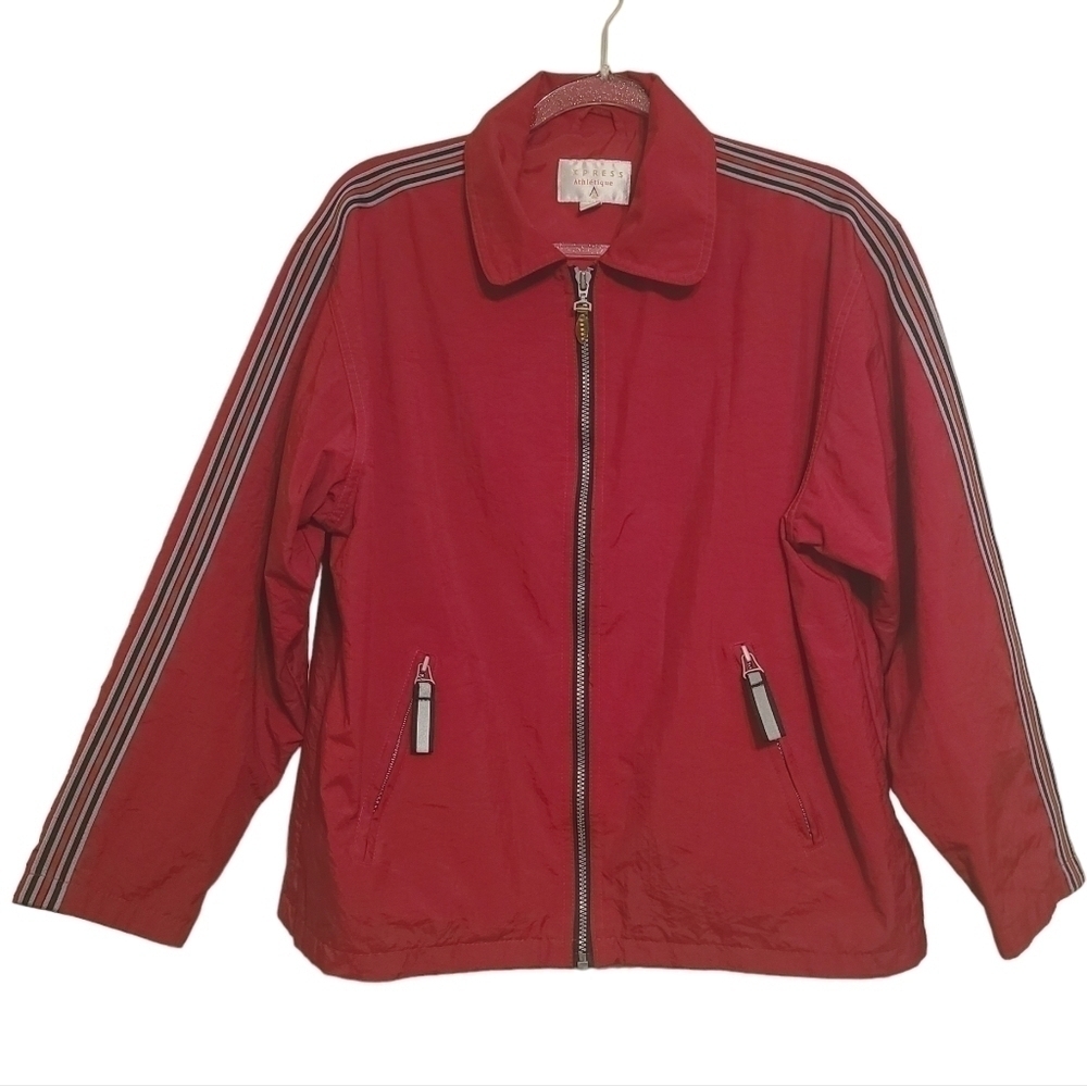 Express Athletique | Women's Red Vintage Full Zipper Nylon Jacket (Size Small)